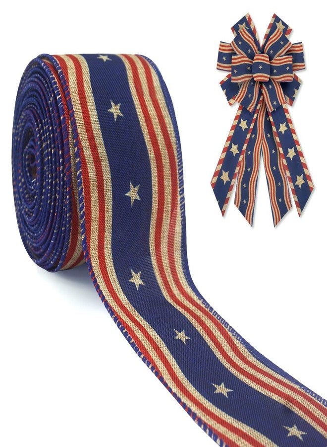 ABTOLS Patriotic Wired Edge Ribbons 2.5" 10 Yards, Veterans Day White Red Blue Stripe Ribbons Patriotic Star Wrapping Ribbon American Linen Ribbon for Christmas Party Wrapping DIY Craft Decoration - Image 1